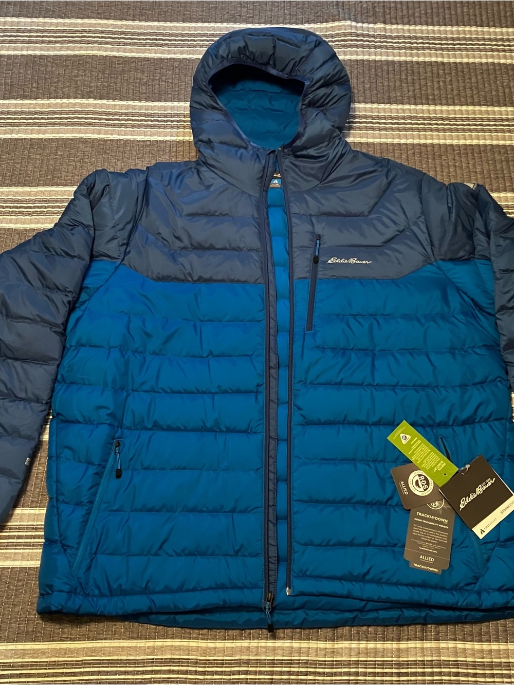 Eddie Bauer Men’s Two-Tone Quilted Hooded Puffer Jacket - Blue and Navy